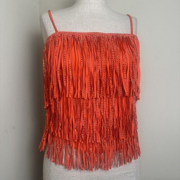 Sterling and Stitch Orange Silver Studded Fringe Stretch Halter Top Sz Small EUC - Picture 1 of 8